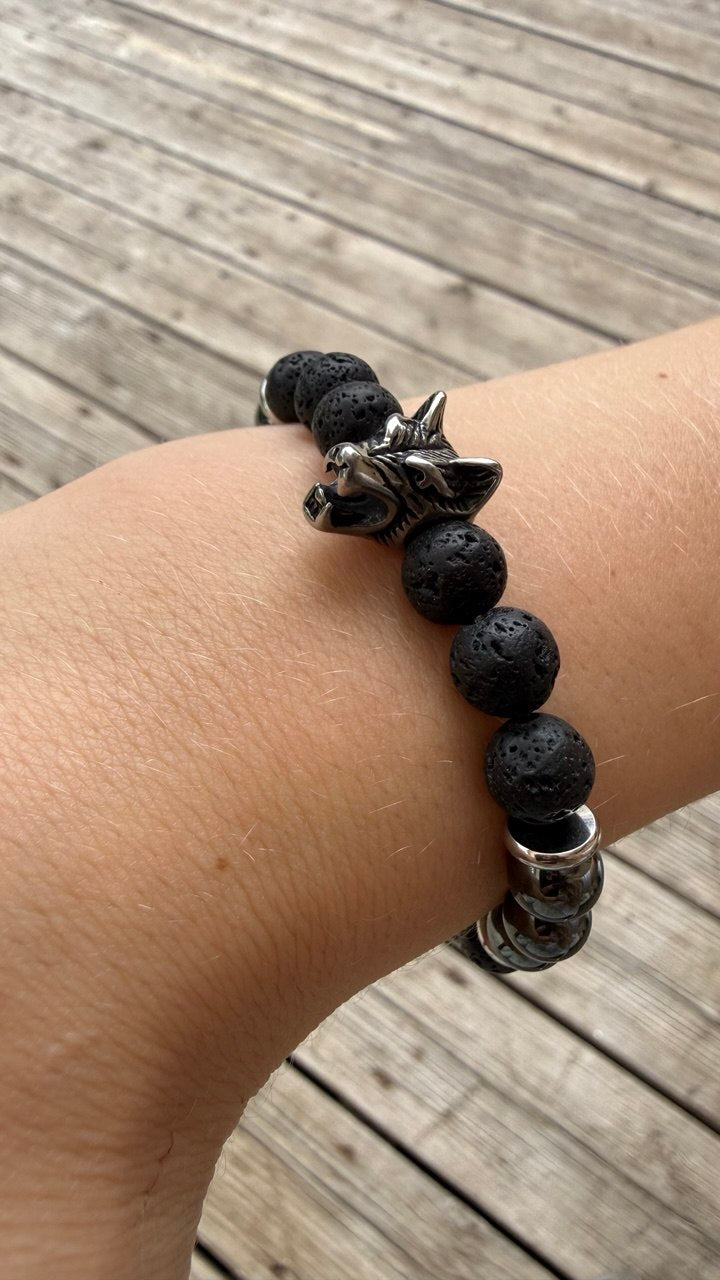 Bracelet Loup - Hématite et Pierre de lave