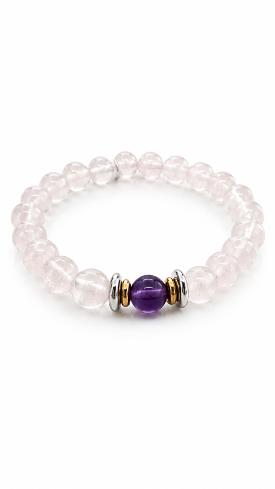 Bracelet Yin-yang  Apaisement (Quartz rose et sa perle centrale en améthyste)