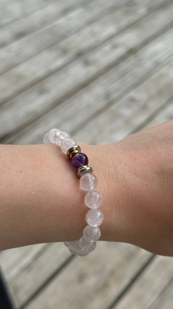 Bracelet Yin-yang  Apaisement (Quartz rose et sa perle centrale en améthyste)