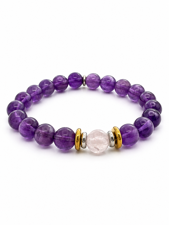 Bracelet Yin-yang  Anti-stress - (Améthyste et sa perle centrale en quartz rose)