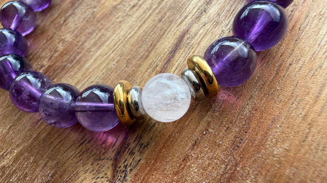 Bracelet Yin-yang  Anti-stress - (Améthyste et sa perle centrale en quartz rose)