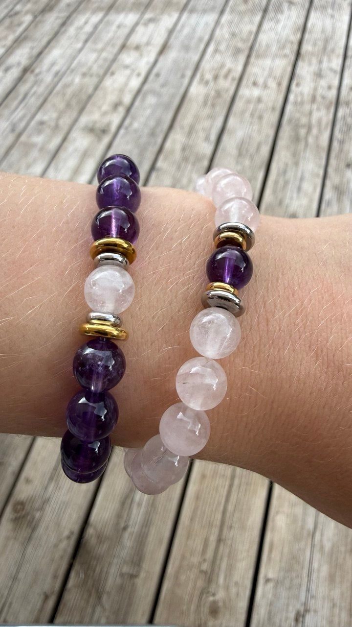 Bracelet Yin-yang  Apaisement (Quartz rose et sa perle centrale en améthyste)
