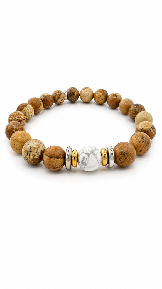 Bracelet yin-yang en jaspe paysage et howlite