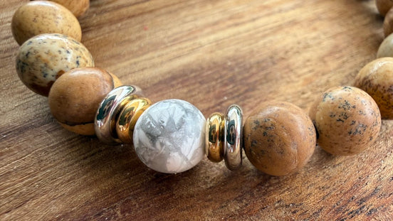 Bracelet yin-yang en jaspe paysage et howlite