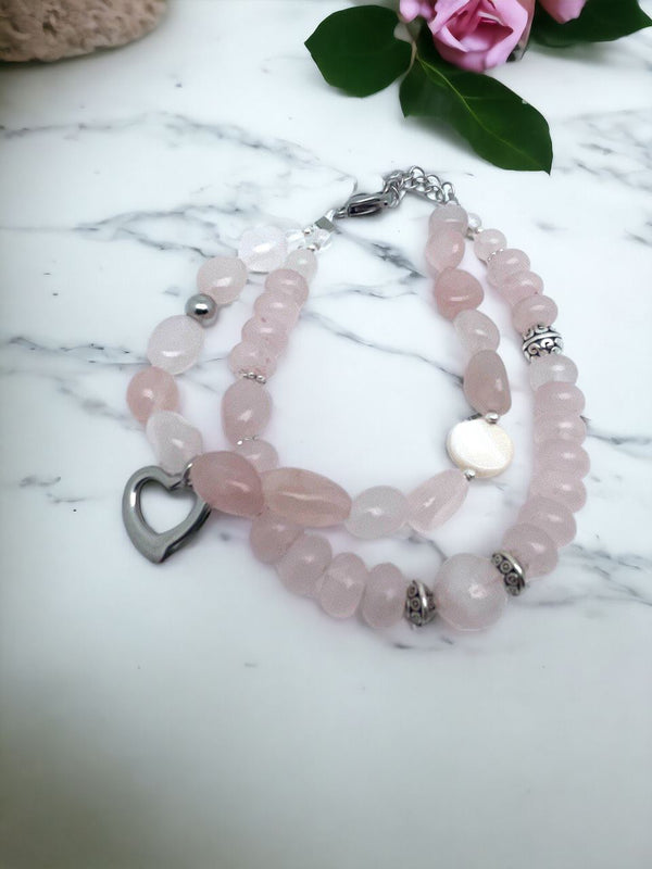 BRACELET QUARTZ ROSE - Double rang