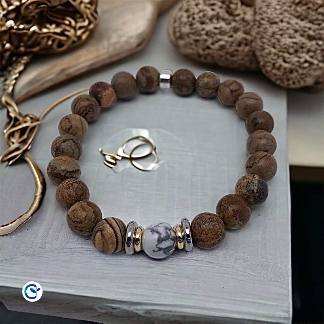 Bracelet en Jaspe paysage et Howlite - collection Yin-Yang
