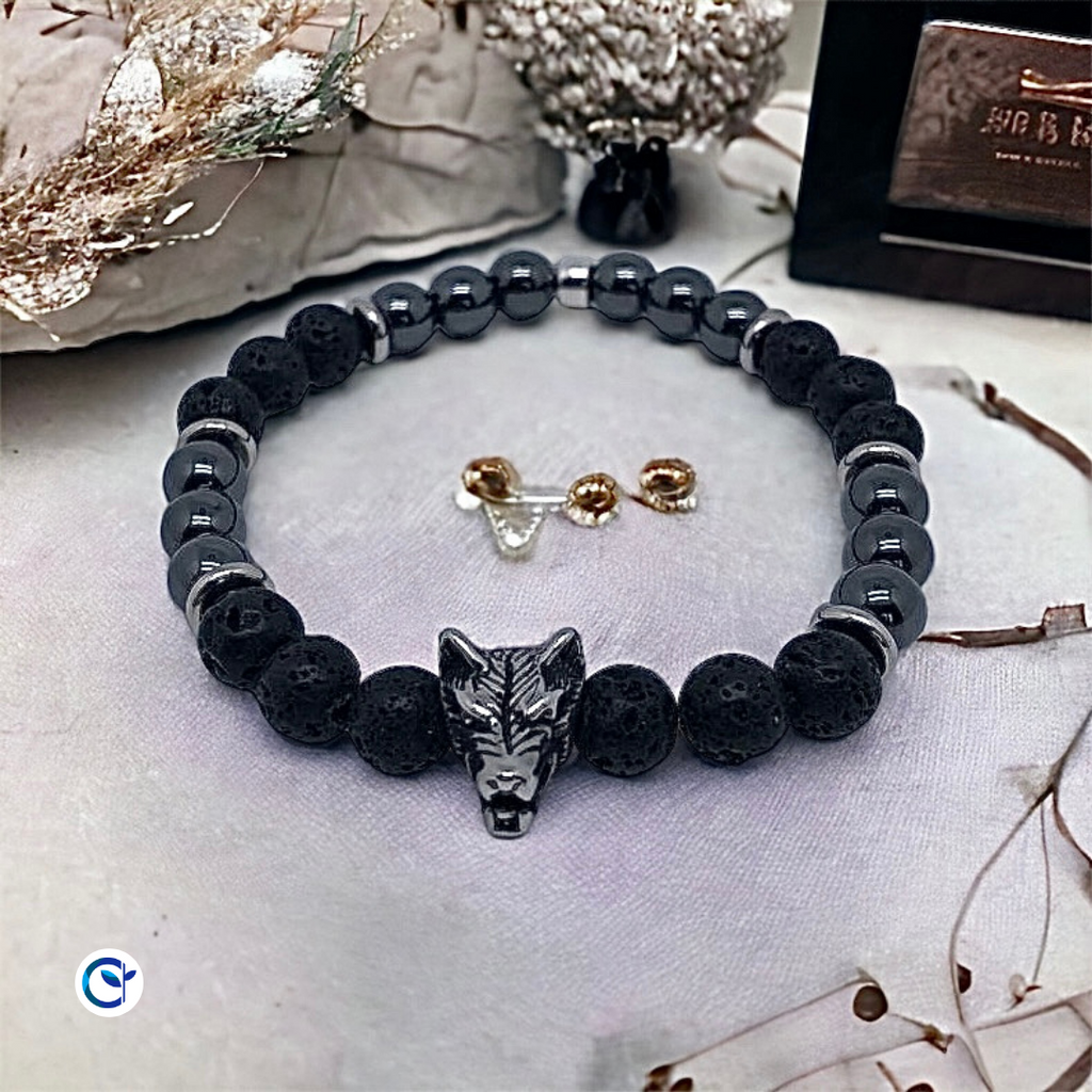 Bracelet Loup - Hématite et Pierre de lave