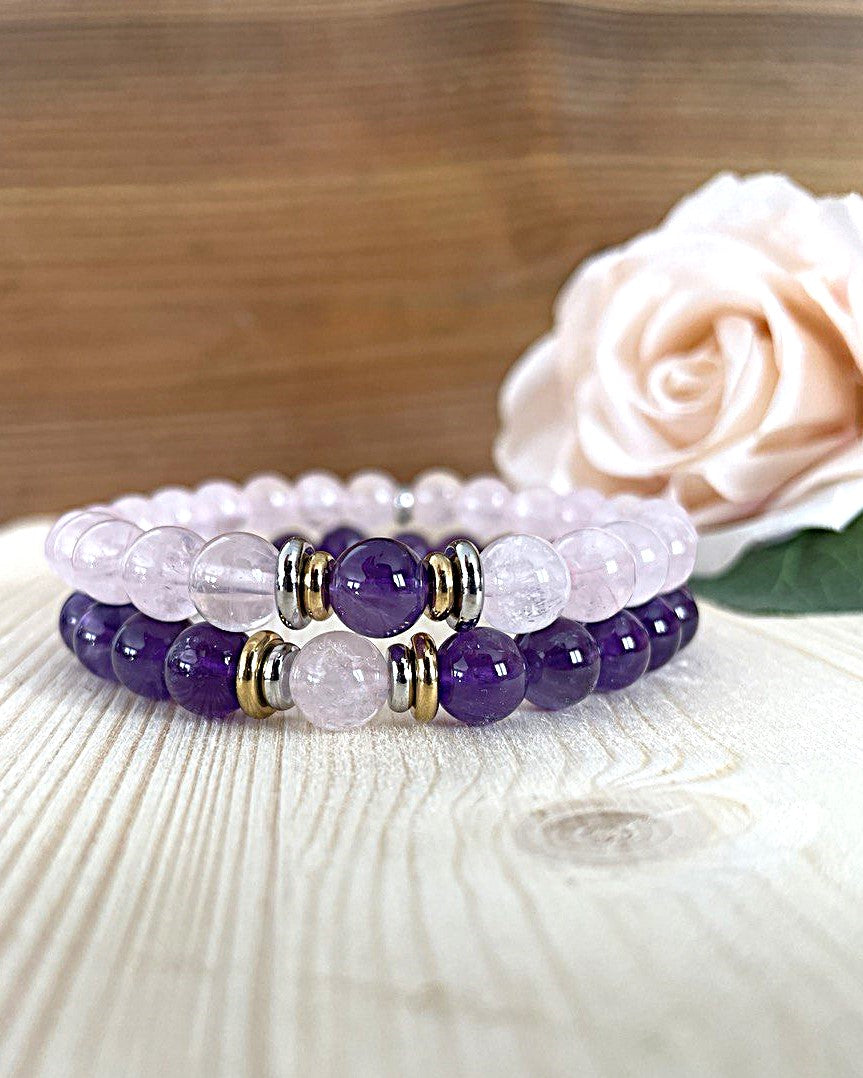 Bracelet Yin-yang  Anti-stress - (Améthyste et sa perle centrale en quartz rose)