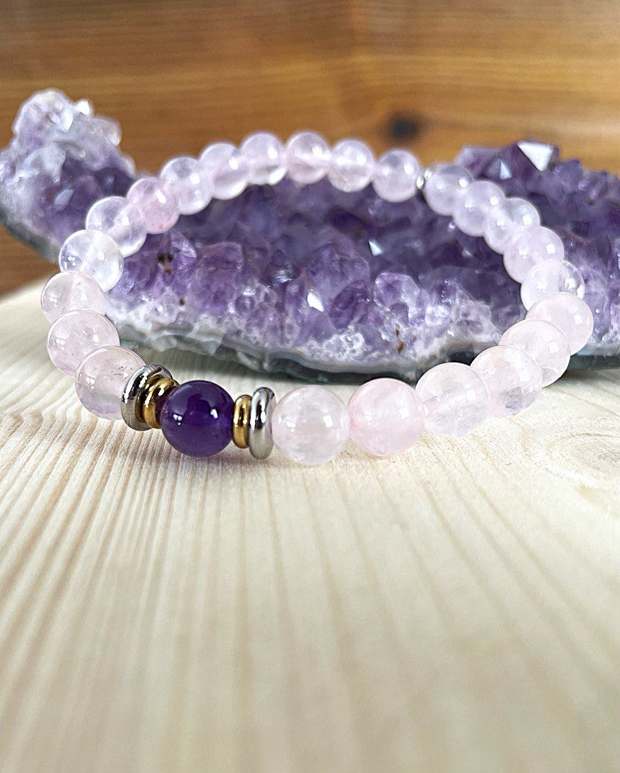 Bracelet Yin-yang  Apaisement (Quartz rose et sa perle centrale en améthyste)