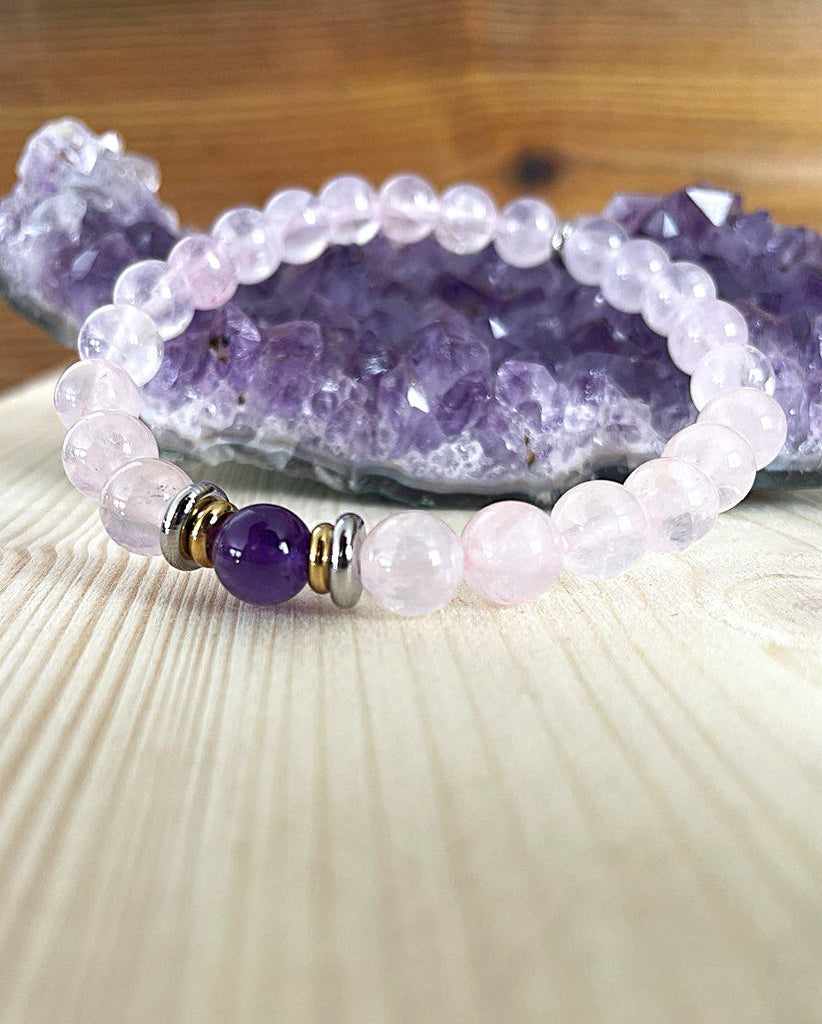 Bracelet Yin-yang  - Quartz rose (et perle centrale en améthyste)
