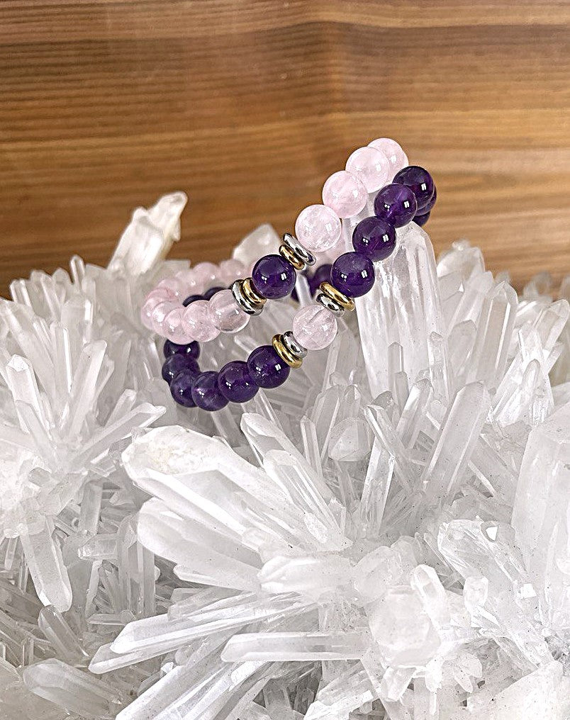 Bracelet Yin-yang  Anti-stress - (Améthyste et sa perle centrale en quartz rose)