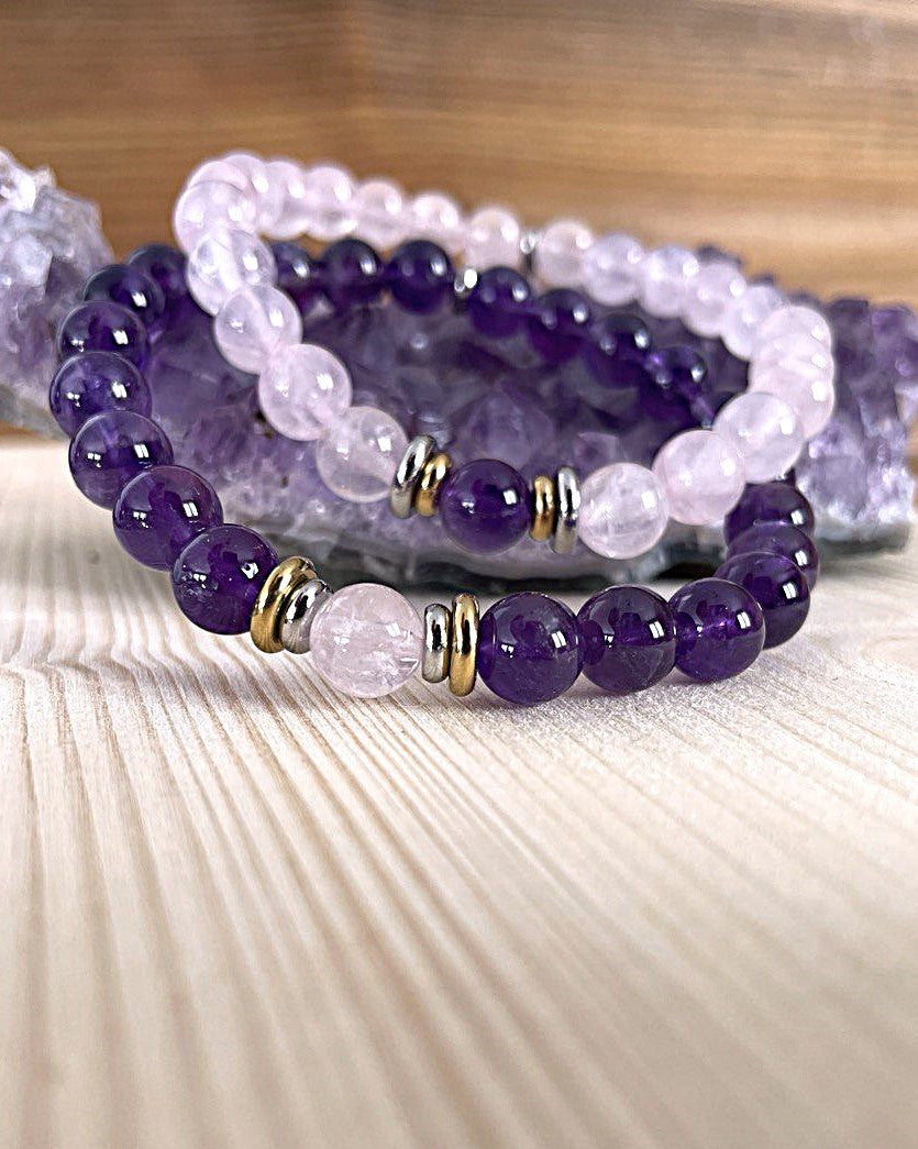 Bracelet Yin-yang  Anti-stress - (Améthyste et sa perle centrale en quartz rose)