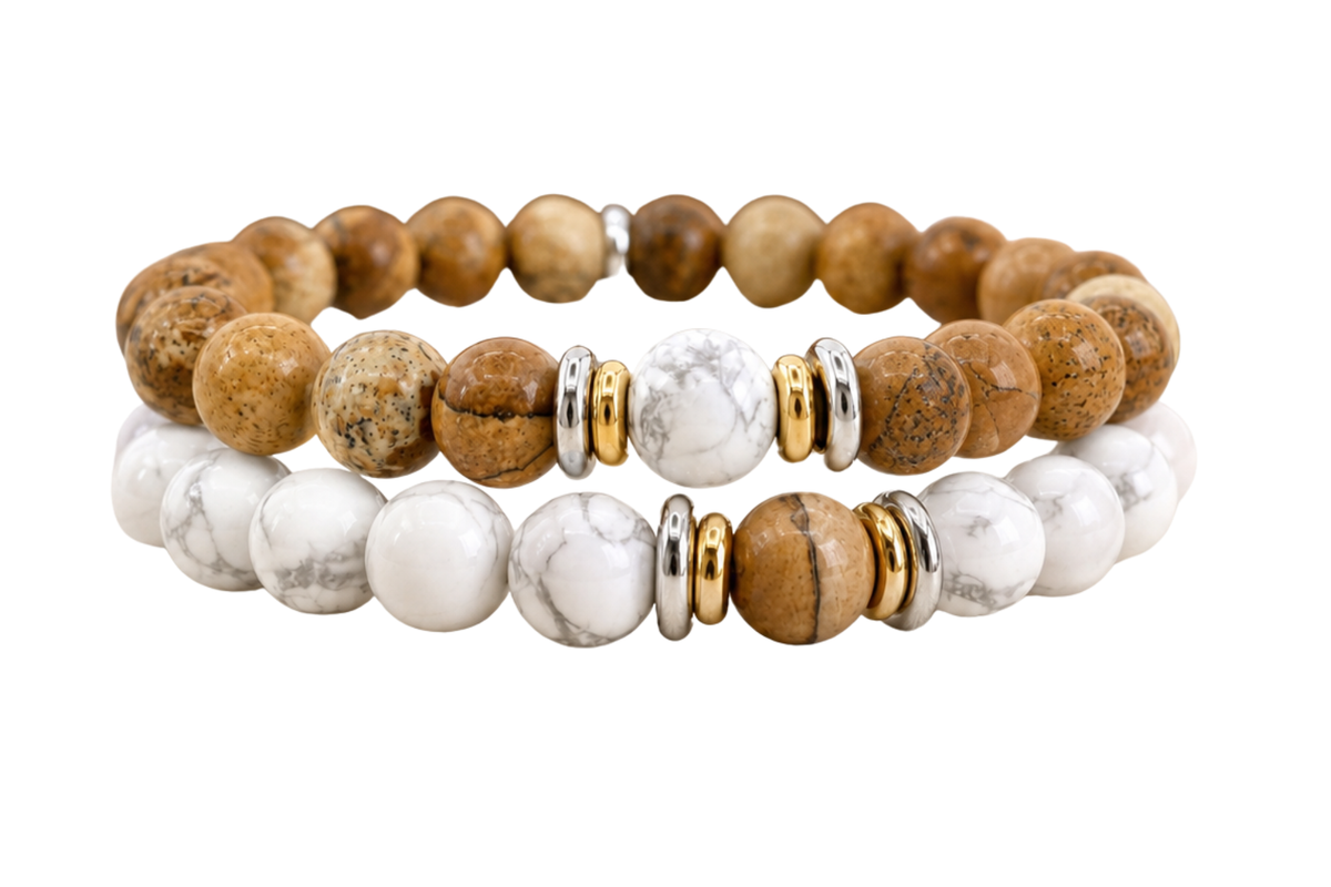 Yin-Yang Bracelet in Howlite and Landscape Jasper