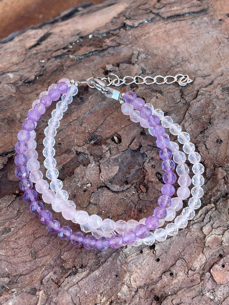 Bracelet Triple rangs facettés Améthyste, Quartz rose et Cristal de roche