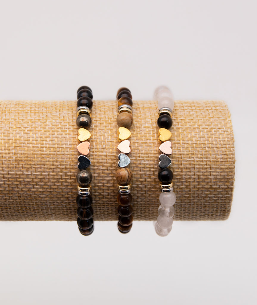 Bracelet Triple Cœur en œil de tigre A + jaspe paysage